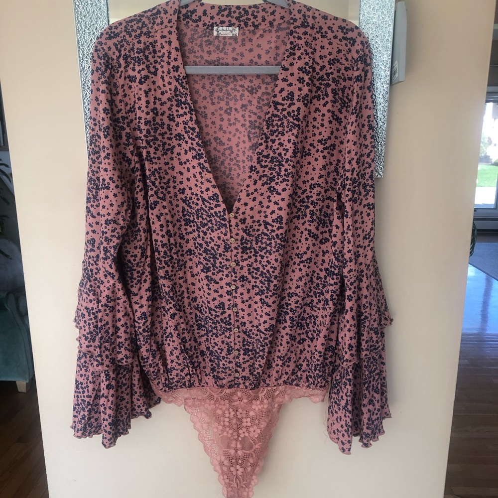 Free People Pink Floral Lace Bodysuit with Tiered Bell Sleeves